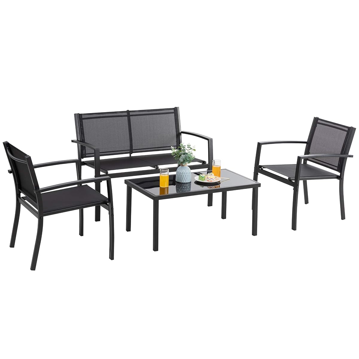 4 Pieces Patio Furniture Sets,Outdoor Patio Conversation Sets with Glass Coffee Table, Small Porch Balcony Furniture, Patio Table and Chairs Set for Garden, Backyard (Black)