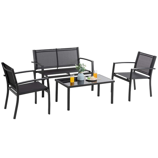 4 Pieces Patio Furniture Sets,Outdoor Patio Conversation Sets with Glass Coffee Table, Small Porch Balcony Furniture, Patio Table and Chairs Set for Garden, Backyard (Black)