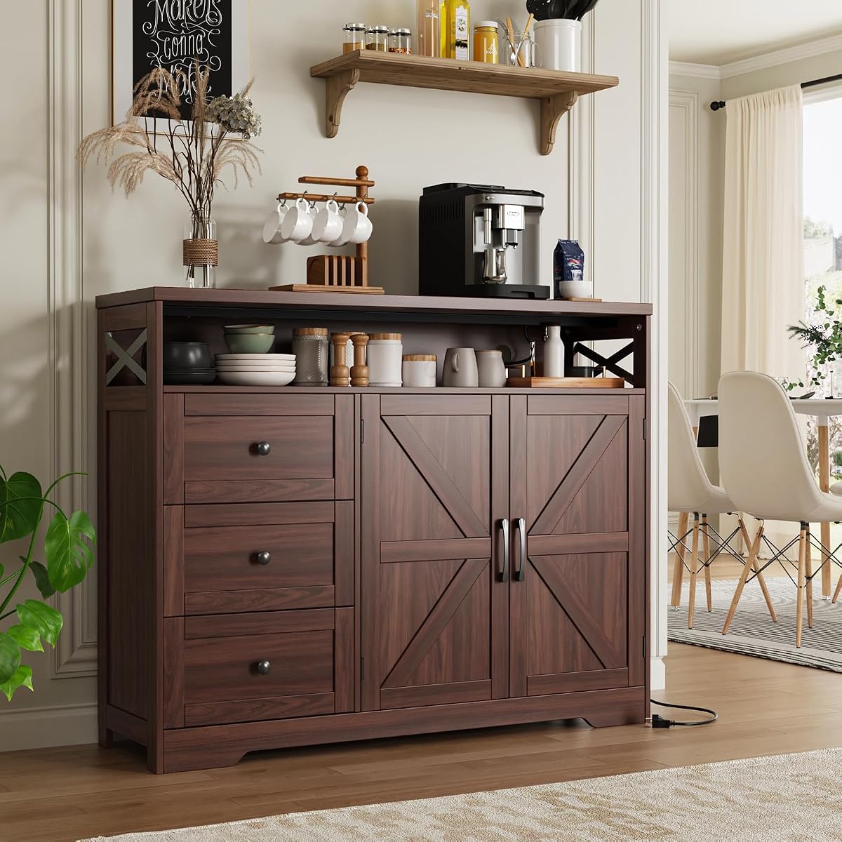 47" Dark Brown Farmhouse Storage Cabinet with Barn Doors and Drawers | Sideboard Buffet Cabinet with Storage, Kitchen Pantry Hutch, Coffee Bar Station Table for Kitchen, Living, Dining Room