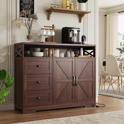 47" Dark Brown Farmhouse Storage Cabinet with Barn Doors and Drawers | Sideboard Buffet Cabinet with Storage, Kitchen Pantry Hutch, Coffee Bar Station Table for Kitchen, Living, Dining Room