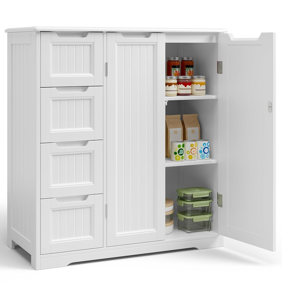 Storage Cabinet, White Bathroom Storage Cabinet with 4 Drawers & Double Doors, Adjustable Shelf, Modern Floor Cabinet for Bathroom, Kitchen, Living Room, Entryway, White