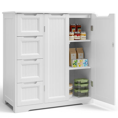 Storage Cabinet, White Bathroom Storage Cabinet with 4 Drawers & Double Doors, Adjustable Shelf, Modern Floor Cabinet for Bathroom, Kitchen, Living Room, Entryway, White