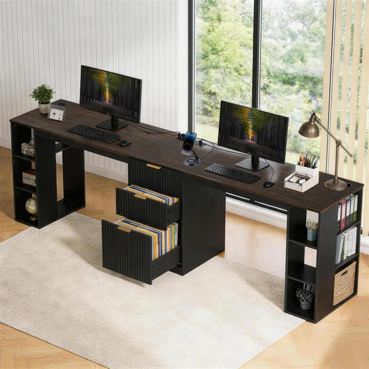 96.5" 2 Person Desk with Power Outlet & USB Ports, Double Computer Desk with Drawers & Storage Shelves, Modern Fluted Gaming Desk for Home Office, Black