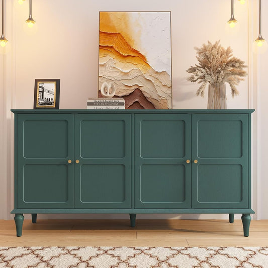 58'' Mid-Century Modern Buffet Storage Cabinet with 4 Doors and Adjustable Shelves, Accent Style Sideboard for Entryway, Dining Room, Living Room, Green