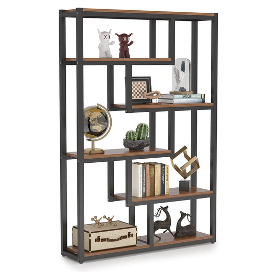 Tribesigns Way to Origin 6-Shelf Industrial Bookshelf, Vintage Etagere Bookcase, 69 Inch Tall Storage Display Staggered Shelves with Sturdy Metal Frame for Home Office, Dark Walnut & Black
