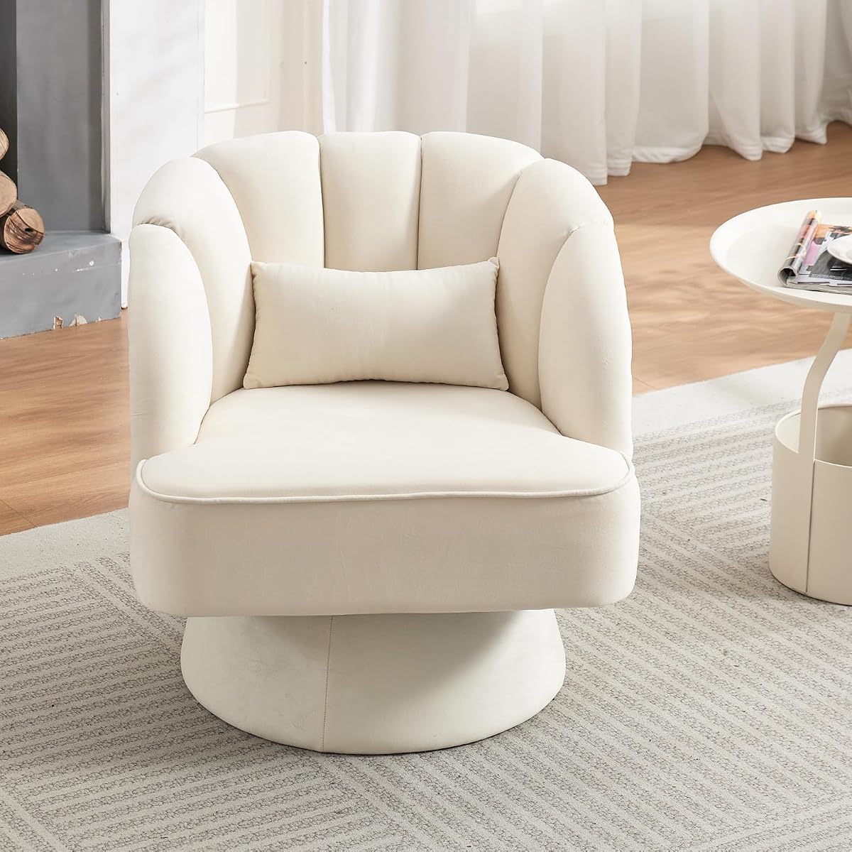 Modern Swivel Barrel Accent Chair, 360 Degree Velvet Upholstered Armchair with Striped Backrest & Plush Padding, Comfy Round Lounge Chair for Living Room, Bedroom, Reading Nook, Beige