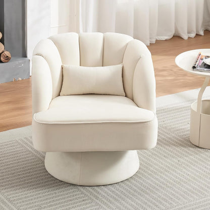 Modern Swivel Barrel Accent Chair, 360 Degree Velvet Upholstered Armchair with Striped Backrest & Plush Padding, Comfy Round Lounge Chair for Living Room, Bedroom, Reading Nook, Beige