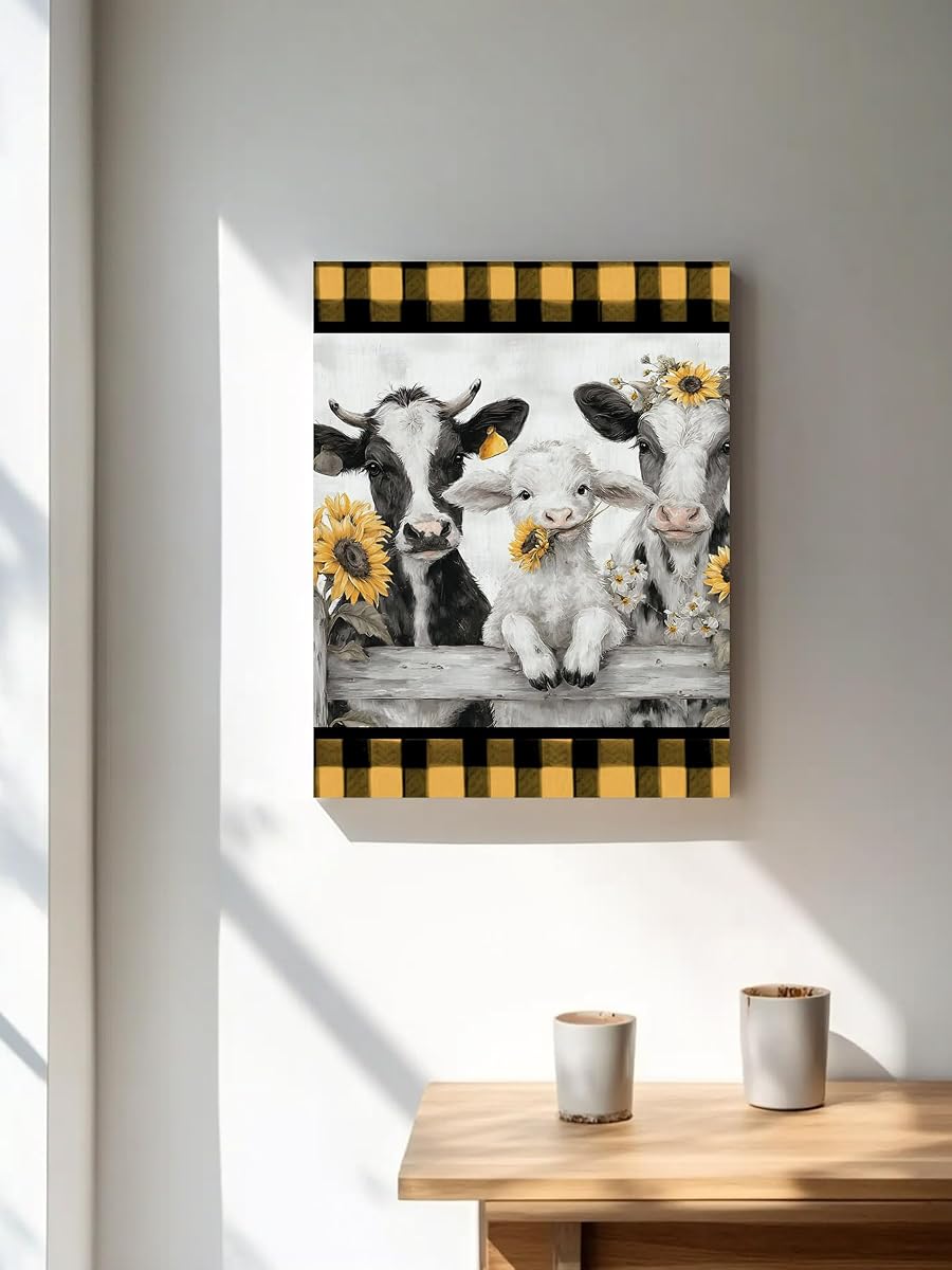 NuYeBiofx Farmhouse Cow Sheep Buffalo Plaid Canvas Wall Art Prints,30"x20" Framed Picture Artwork Rustic Sunflower Wood Fence Printed Canvas Oil Painting for Living Room Bedroom Office,Ready to Hang