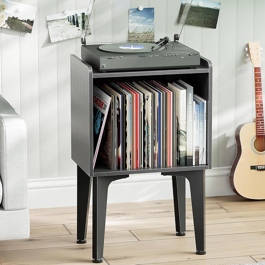 Black small record player stand with vinyl storage shelf