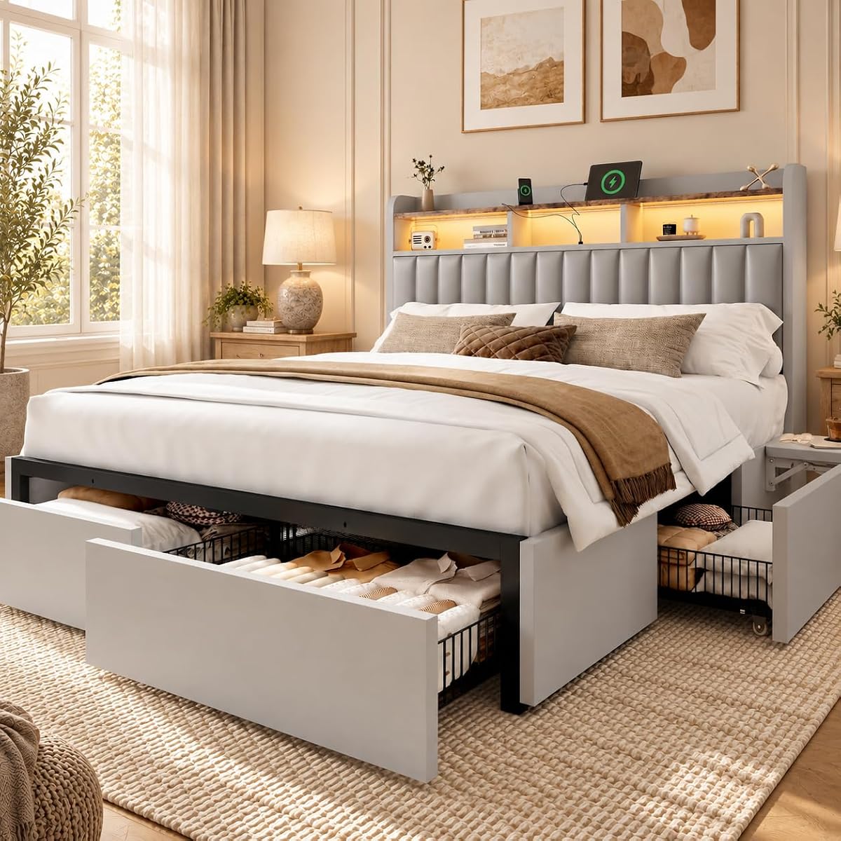 King Bed Frame with 4 Storage Drawers and Built-in Adjustable Desk