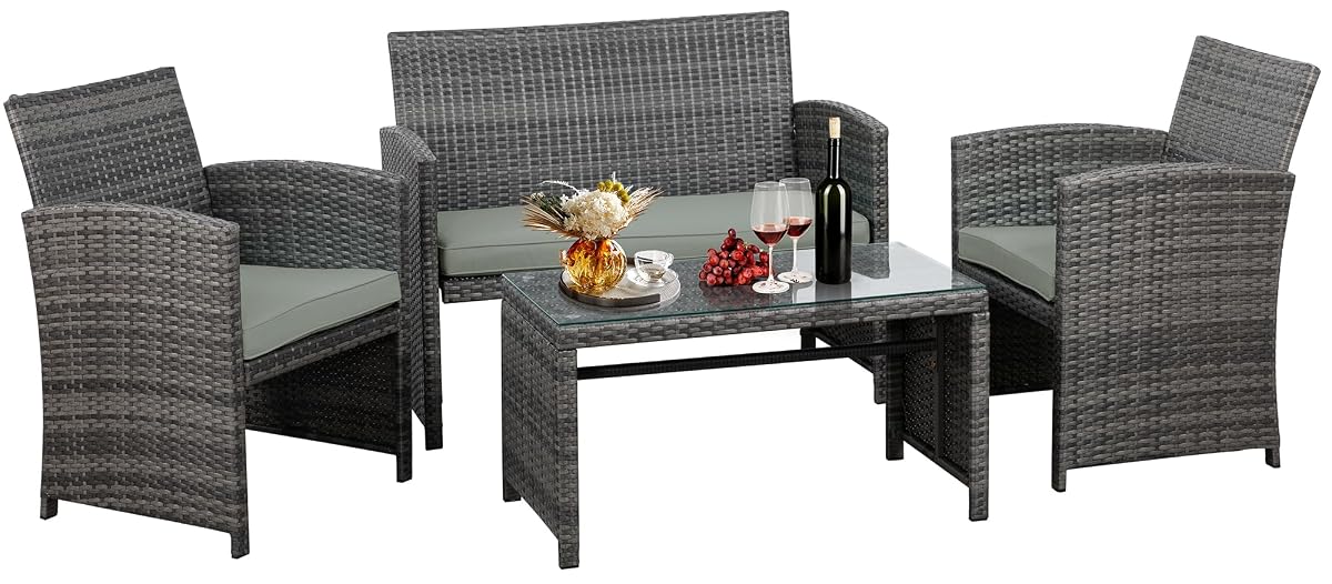 4 Piece Outdoor Patio Furniture Set, Outdoor Wicker Rattan Chairs Conversation Sets with Cushions & Coffee Table for Outside, Garden, Balcony, Porch, Grey