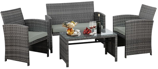 4 Piece Outdoor Patio Furniture Set, Outdoor Wicker Rattan Chairs Conversation Sets with Cushions & Coffee Table for Outside, Garden, Balcony, Porch, Grey
