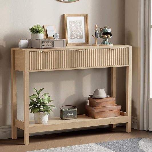 Fluted Console Table, Wooden Sofa Table with Storage and Drawers, Farmhouse Behind Couch Table Entryway Table for Entrance, Hallway, Living Room, Oak