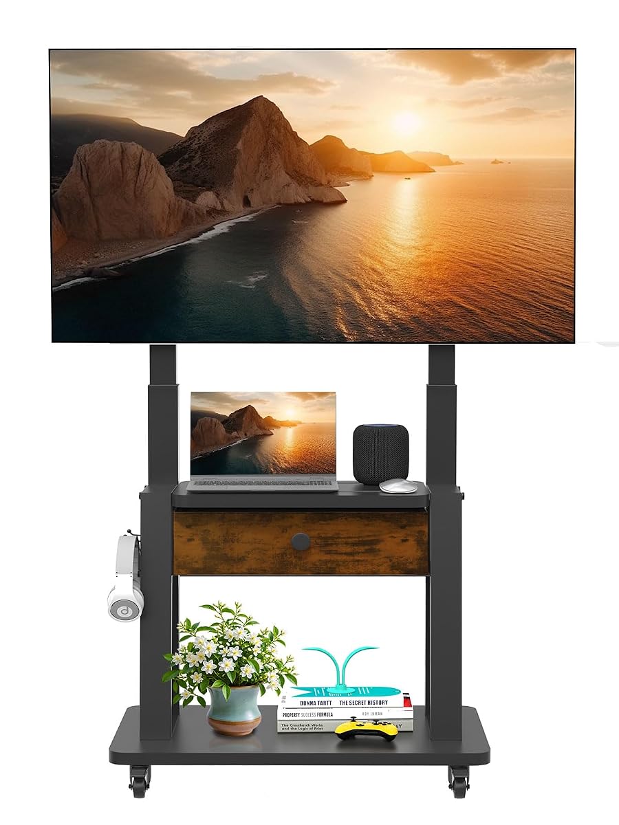 Rolling TV Stand with Fabric Drawer Storage for 32-75 Inch Flat/Curved Screen up to 220lbs LCD/LED/OLED Adjustable Height Mobile TV Cart with Wheels for Home Office Outdoor Max VESA 600x400mm