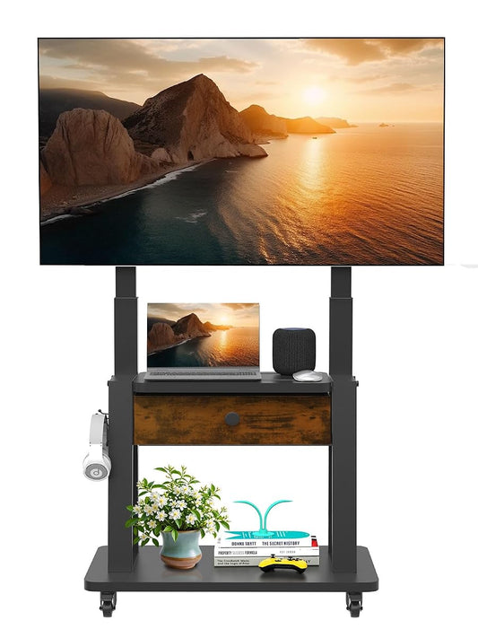 Rolling TV Stand with Fabric Drawer Storage for 32-75 Inch Flat/Curved Screen