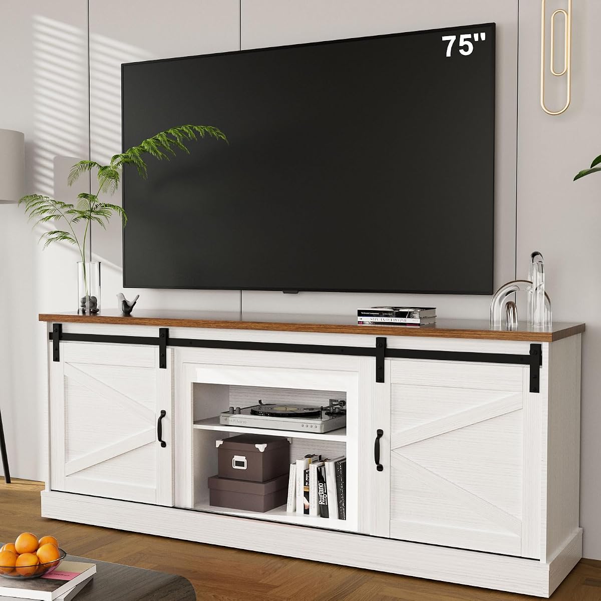 TV Stand up to 75/80" TV, Entertainment Center w/Sliding Barn Doors & Storage Cabinets, Farmhouse TV Console with Adjustable Shelf, Office Furniture for Living Room-White
