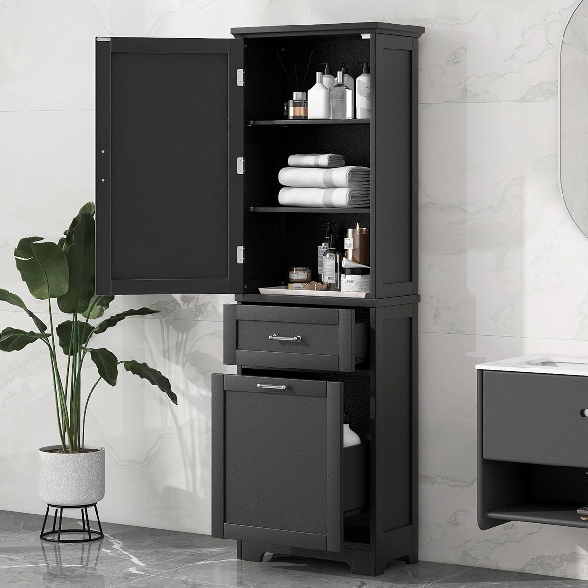 68 Inch Bathroom Storage Cabinet with Adjustable Shelf, Black | Black MDF, bathroom or office, painted finish, adjustable shelf, enclosed cabinet, anti-tip hardware, 68.4 in H