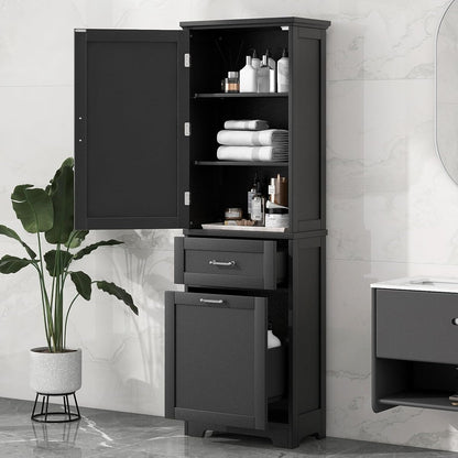 68 Inch Bathroom Storage Cabinet with Adjustable Shelf, Black | Black MDF, bathroom or office, painted finish, adjustable shelf, enclosed cabinet, anti-tip hardware, 68.4 in H