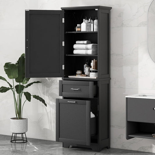 68 Inch Bathroom Storage Cabinet with Adjustable Shelf, Black | Black MDF, bathroom or office, painted finish, adjustable shelf, enclosed cabinet, anti-tip hardware, 68.4 in H