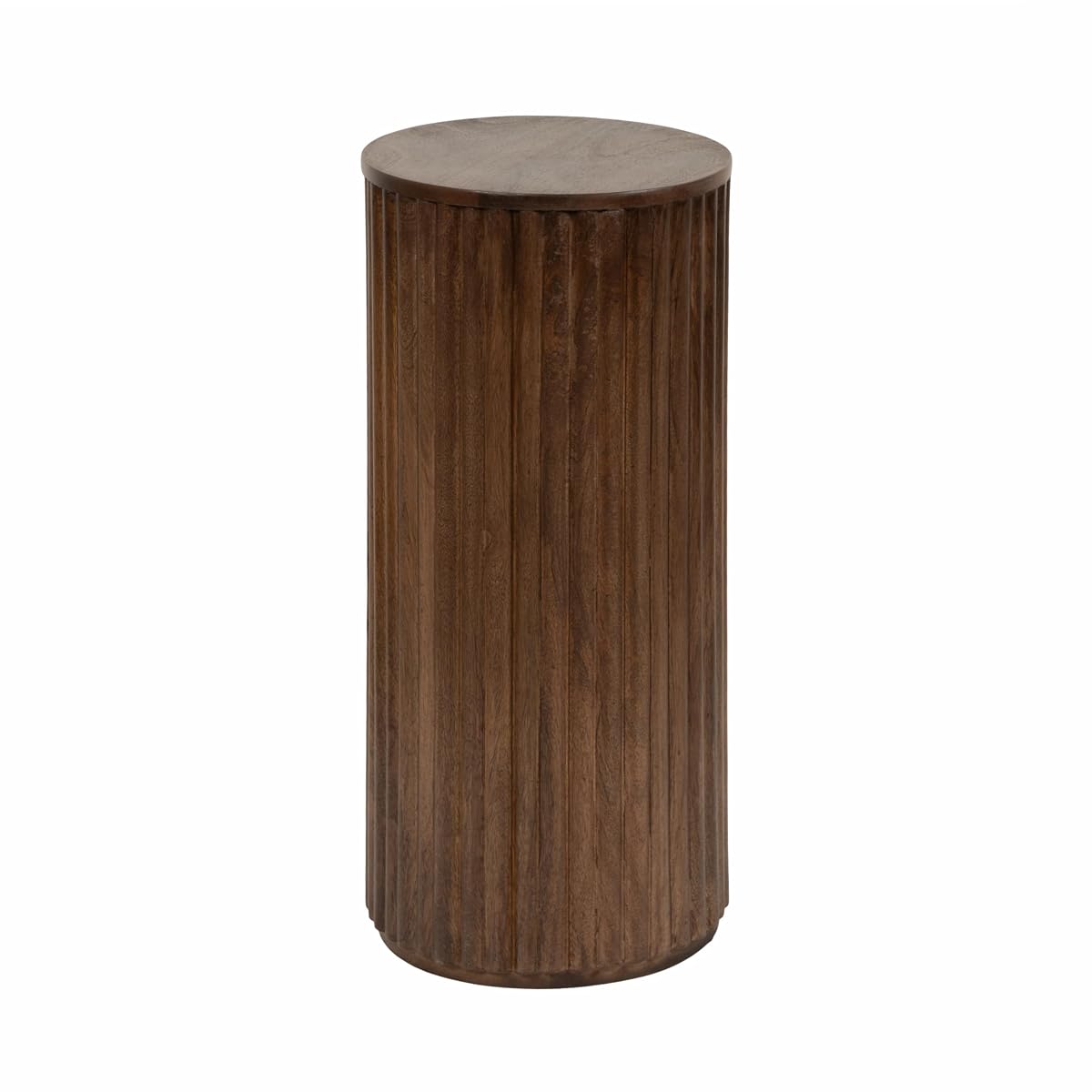 Reid Modern Wooden Ribbed Drink Table; 10 x 10 x 22; Walnut Brown; Solid Wood Mini Table for Use as Pedestal Plant Stand Indoors or Small Nightstand Option