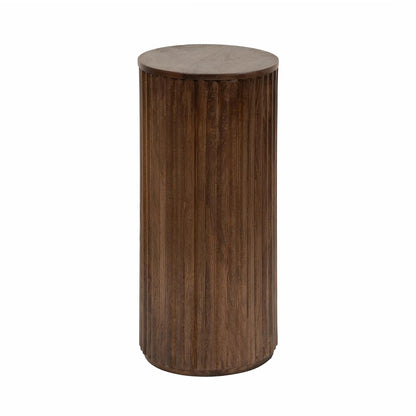 Reid Modern Wooden Ribbed Drink Table; 10 x 10 x 22; Walnut Brown; Solid Wood Mini Table for Use as Pedestal Plant Stand Indoors or Small Nightstand Option