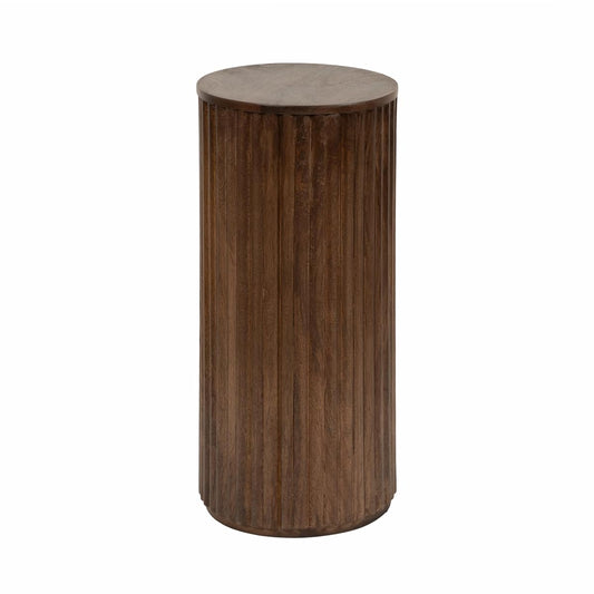 Reid Modern Wooden Ribbed Drink Table; 10 x 10 x 22; Walnut Brown; Solid Wood Mini Table for Use as Pedestal Plant Stand Indoors or Small Nightstand Option