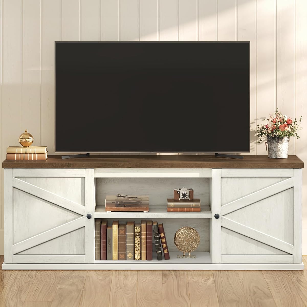 VASAGLE Farmhouse TV Stand for 80'' TV, Media Console, Sliding Barn Doors