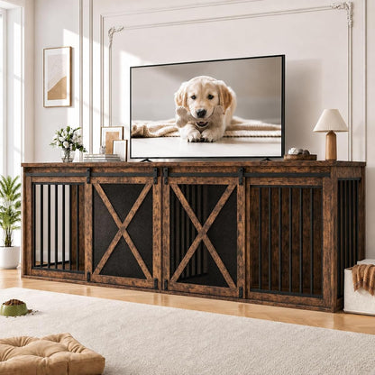 94 Inch Double Dog Crate Furniture for 2 Large Dogs, Rustic Brown