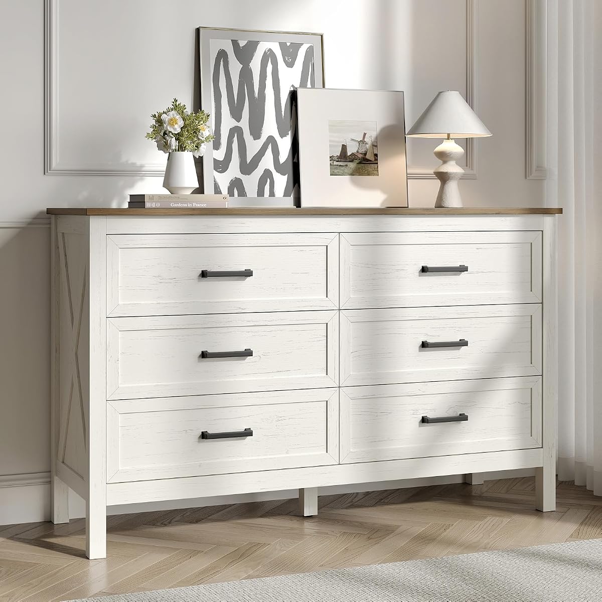 Farmhouse 6 Drawers Dresser for Bedroom, Antique White