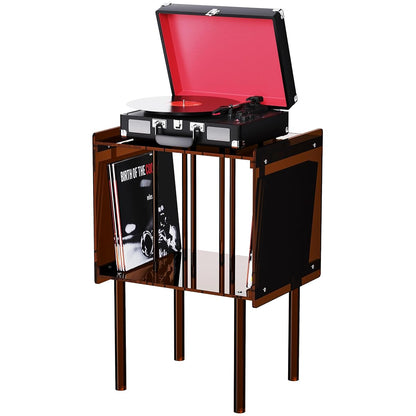 Acrylic Record Player Stand, with Vinyl Storage, Clear Acrylic Side Table, 18.1'' x 14.6'' x 26.1'' (Dark Brown)