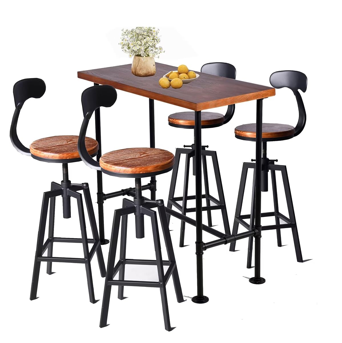 5 Piece Bar Table and Barstool Set Industrial Rectangular Pipe Dining Pub Bar Desk and Kitchen Counter Height Adjustable Stool with Iron Backrest Black(1 Table + 4 Chairs)