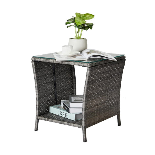 Rattan outdoor side table with glass top and storage shelf