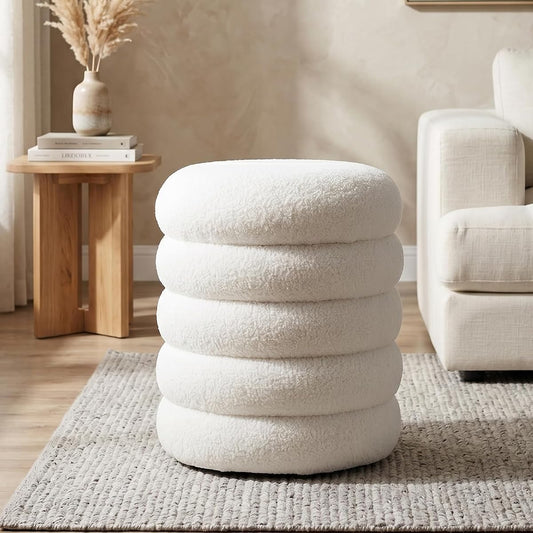 White Round Storage Ottoman Upholstered Sherpa Foot Stool Ottoman Small Boucle Foot Rest Stool for Dorm/Living Room/Entryway/Bedroom