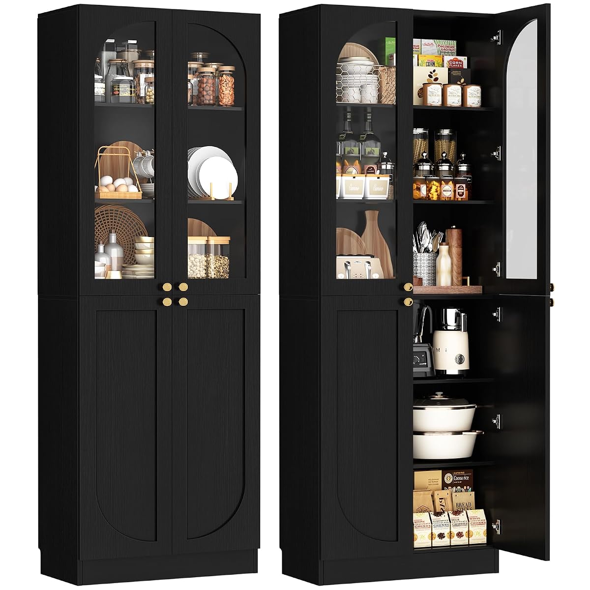 80" Kitchen Pantry, Tall Arch Storage Cabinet with Tempered Glass & Soft Close Doors, Freestanding Wood Floor Cupboard Bookcase with Seamless Fit Wall for Dining Room, Living Room, Bathroom