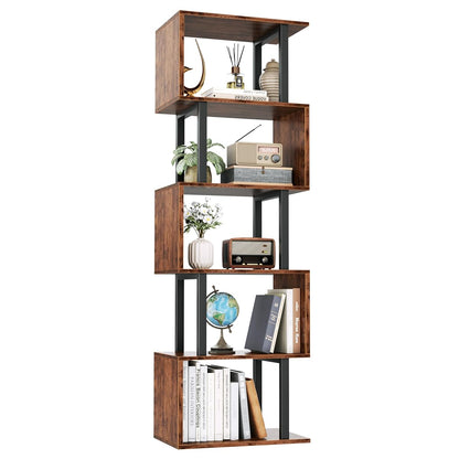 6 Tier Bookshelf, S Shaped Geometric Bookcase, Rustic Brown