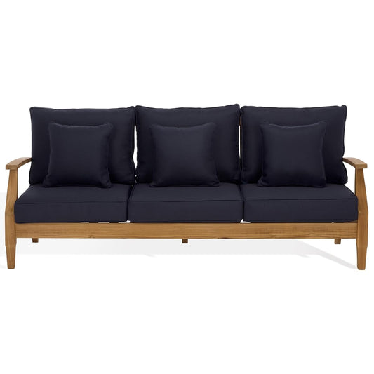 Natural and navy teak 3 seat outdoor slatted sofa