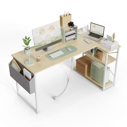 L-Shaped Computer Desk with Power Outlets, Reversible Shelves