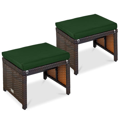 Best Choice Products Set of 2 Wicker Ottomans, Multipurpose Outdoor Furniture for Patio, Backyard, Additional Seating, Footrest, Side Table w/Removable Cushions, Steel Frame - Midnight Green/Brown