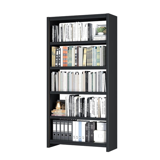 Bookshelf, 5 Shelf Bookcases, Tall Bookcase for Heavy Books, CDs, Movies, Garage Kit, Modern Display Shelf for Library Home Office Bderoom Living Room, Metal Bookshelves Industrial Black