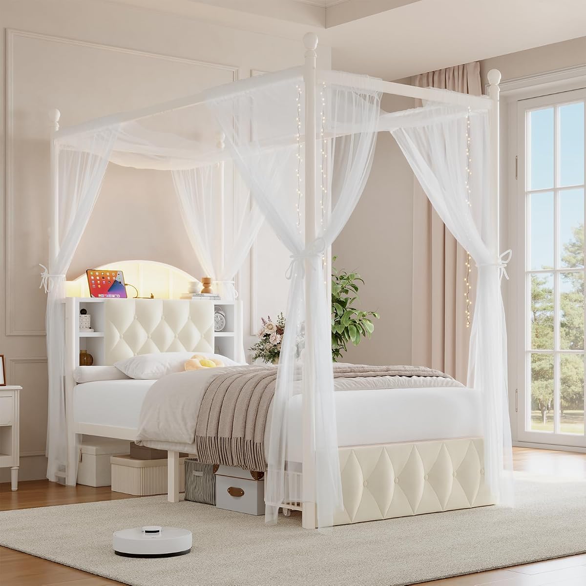Twin Size Upholstered LED Canopy Bed Frame with 2 Drawers and & Charging Station