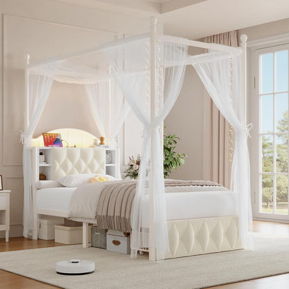 Twin Size Upholstered LED Canopy Bed Frame with 2 Drawers and & Charging Station