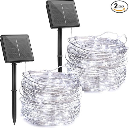Outdoor Solar String Lights, 2 Pack 33 Feet 100 Led Solar Powered Fairy Lights with 8 Modes Waterproof Decoration Copper Wire Light for Patio Yard Trees Christmas Wedding Party (Pure White)