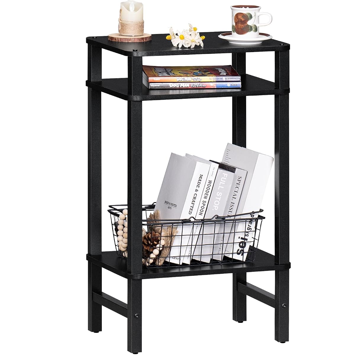 Side Table End Table Tall Night Stand 3-Tier for Living Room Bedroom Bathroom Office Furniture Black