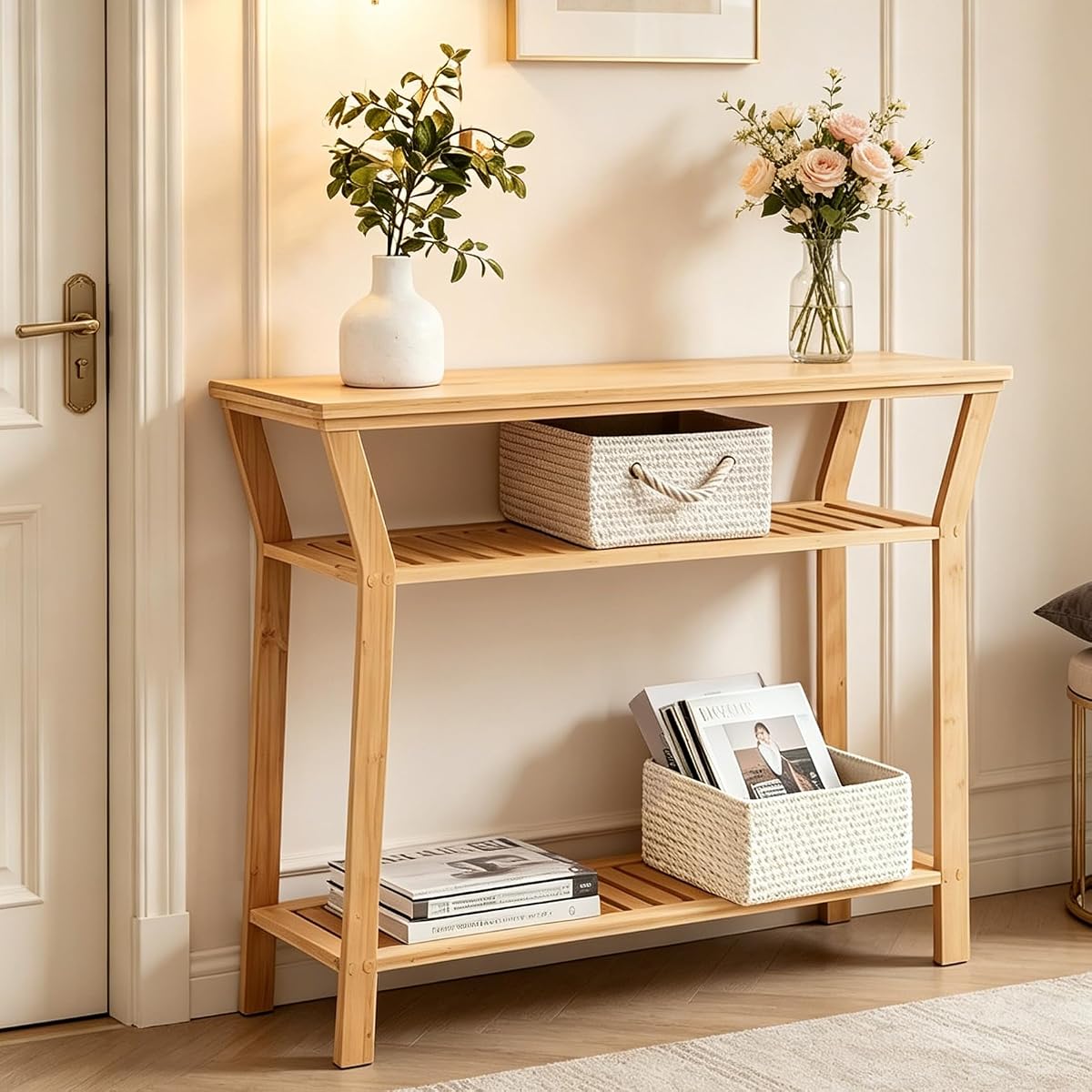 Bamboo Console Table, 38.6" Entryway Table with Storage, Display Table, Narrow Sofa Table for Entryway, Living Room, Foyer