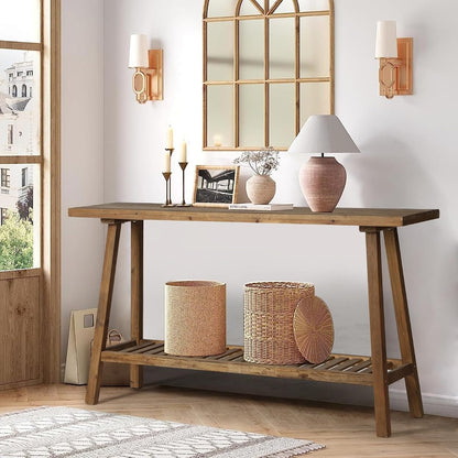 Reclaimed Solid Wood Console Table, 59" Long Farmhouse Entryway Tables, Rectangular Couch Table Behind Sofa, 2 Tiers Accent Tables for Hallway, Entrance, Foyer, Living Room