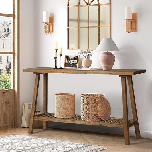 Reclaimed Solid Wood Console Table, 59" Long Farmhouse Entryway Tables, Rectangular Couch Table Behind Sofa, 2 Tiers Accent Tables for Hallway, Entrance, Foyer, Living Room