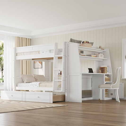JIVOIT Full Size Bunk Bed, Multifunctional Wood Bunk Bed Frame with Desk and Bookshelves, Drawers, Space-Saving Design, Wooden Slats Support, No Box Spring Needed (White,Full-43)