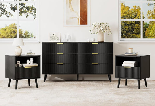 Fluted Dresser and Nightstand Sets 3 Piece, 6-Drawers Dresser and 1-Drawer Nightstands Set of 2, Wood Bedroom Furniture Set for Home, Bedroom, Hallway, Black