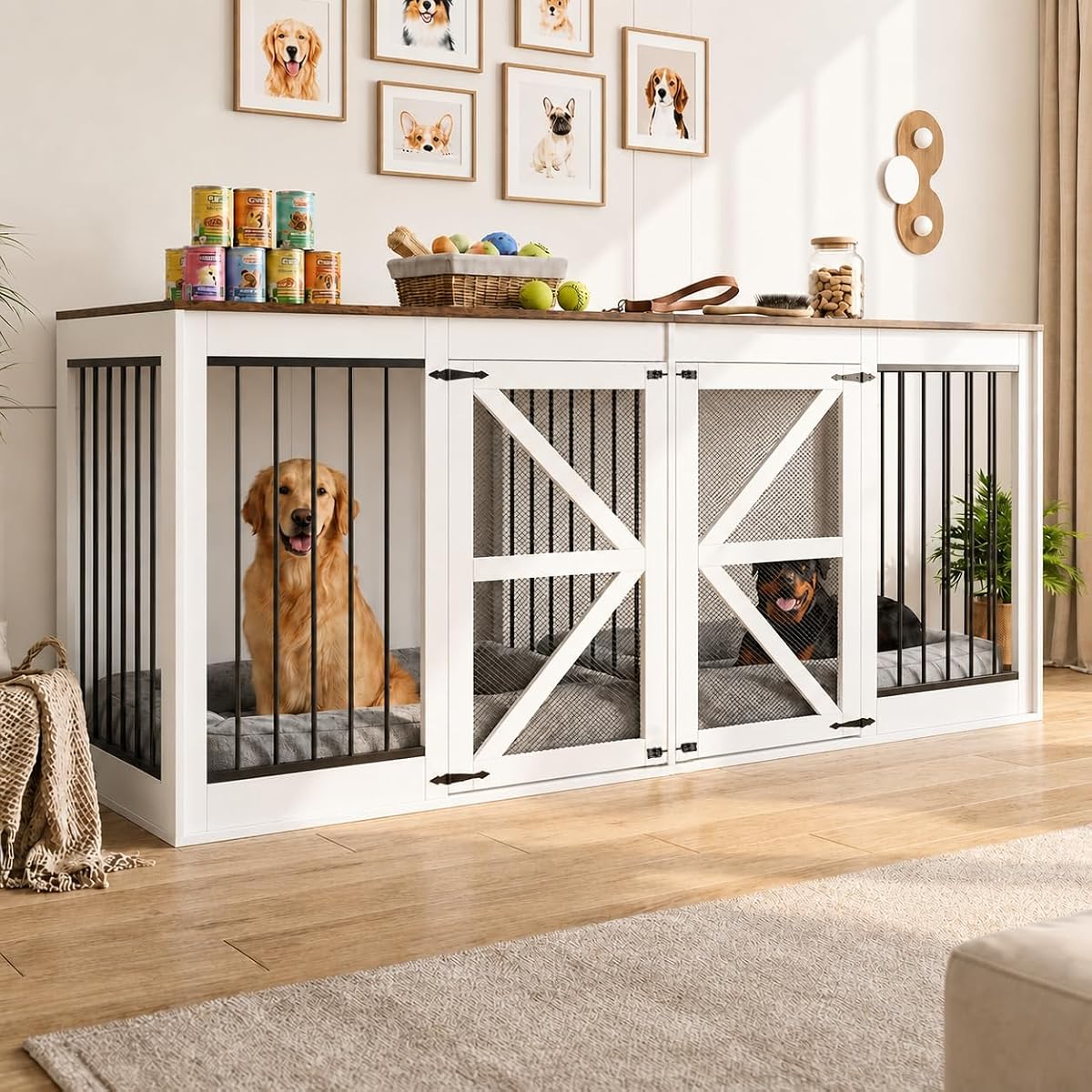 94.5'' Double Dog Crate, Dog Kennel Furniture, TV Stand, White
