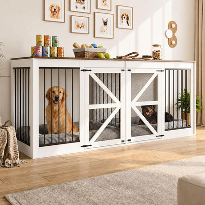 94.5'' Double Dog Crate, Dog Kennel Furniture, TV Stand, White
